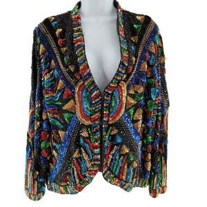 Brilliant Vintage Black Silk Jacket | Hand Embellished with Multicolored Beads &